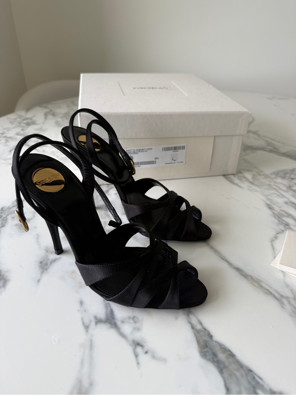 Saint Laurent Black Satin Strappy Stiletto Sandals